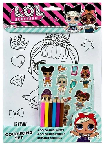 L.O.L. Surprise Colouring Set (8x Feuilles, 6x Crayons, Autocollants) 21x28 cm - Neuf